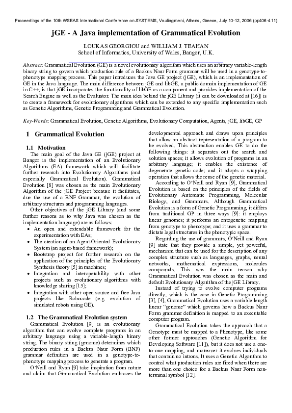 (PDF) jGE: a Java implementation of grammatical evolution