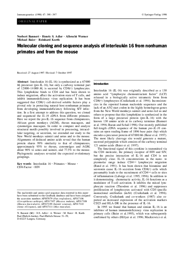 (PDF) Molecular cloning and sequence analysis of interleukin 16 from ...