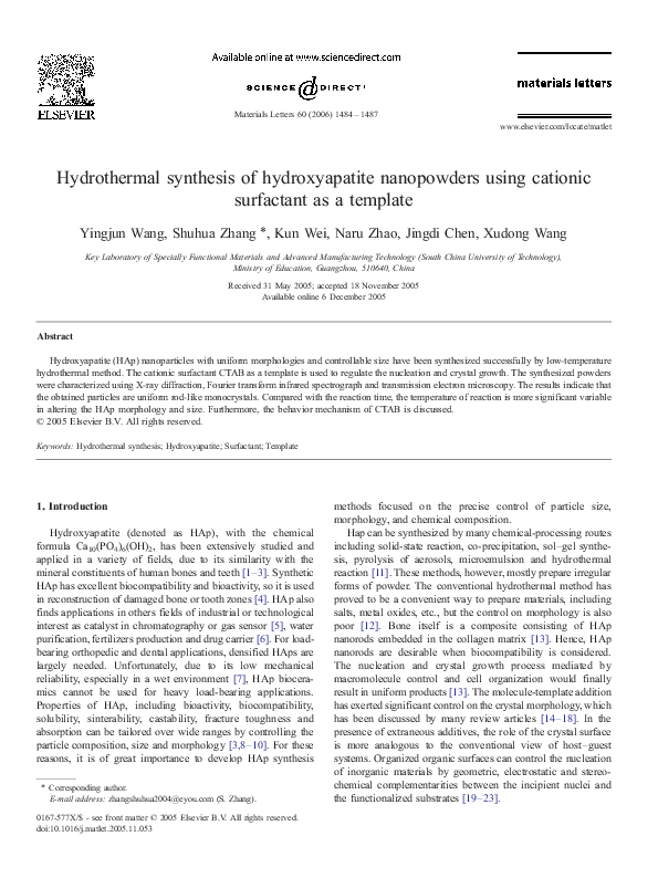 (PDF) Hydrothermal synthesis of hydroxyapatite nanopowders using ...