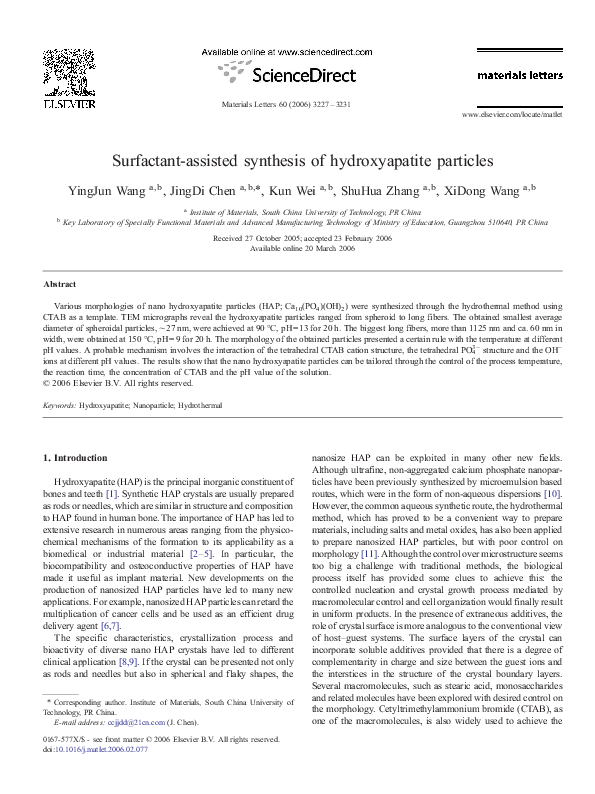 (PDF) Surfactant-assisted synthesis of hydroxyapatite particles