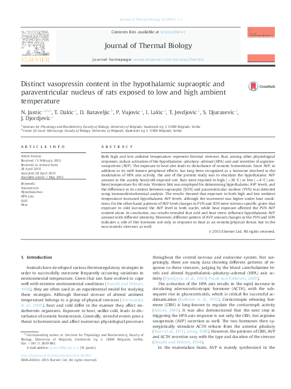 (PDF) Distinct vasopressin content in the hypothalamic supraoptic and ...