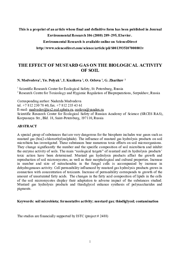 (PDF) The effect of mustard gas on the biological activity of soil Yulia Polyak and Nadezda