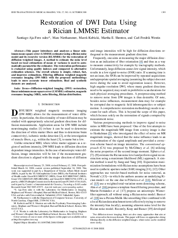 (PDF) Restoration of DWI Data Using a Rician LMMSE Estimator