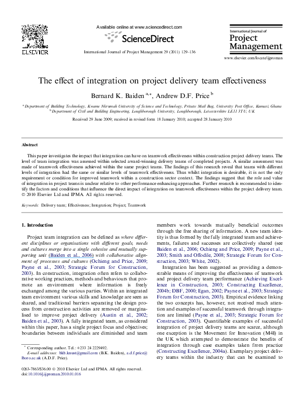 (PDF) The effect of integration on project delivery team effectiveness