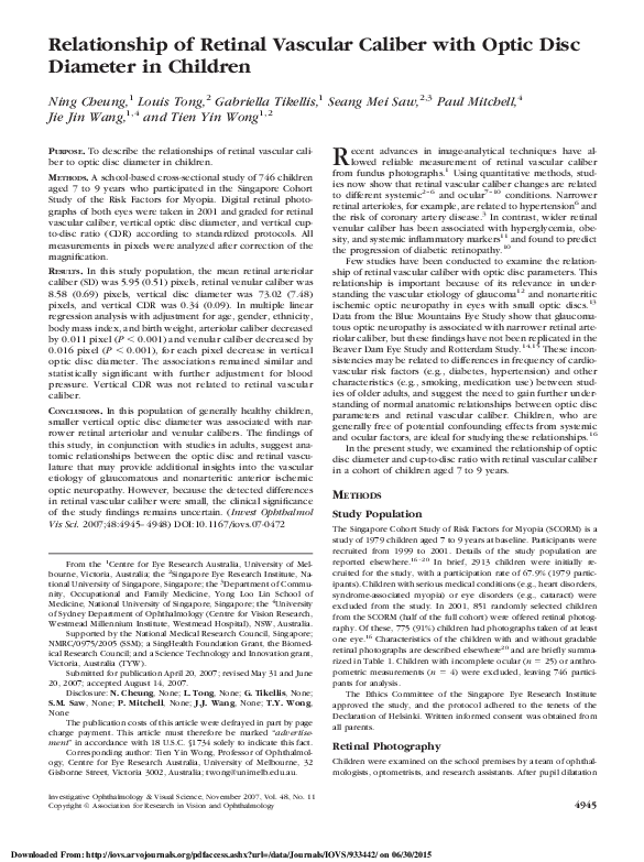 (PDF) Relationship of Retinal Vascular Caliber with Optic Disc and ...
