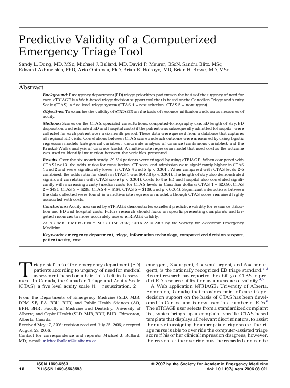 (PDF) Predictive Validity of a Computerized Emergency Triage Tool