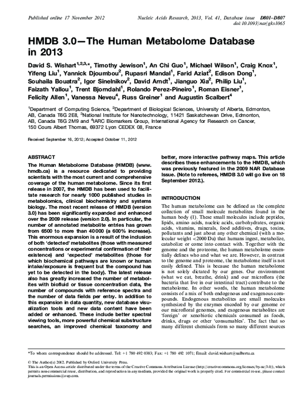 (PDF) HMDB 3.0--The Human Metabolome Database in 2013