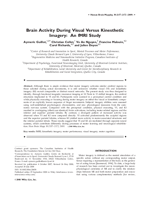 (PDF) Brain activity during visual versus kinesthetic imagery: An fMRI ...