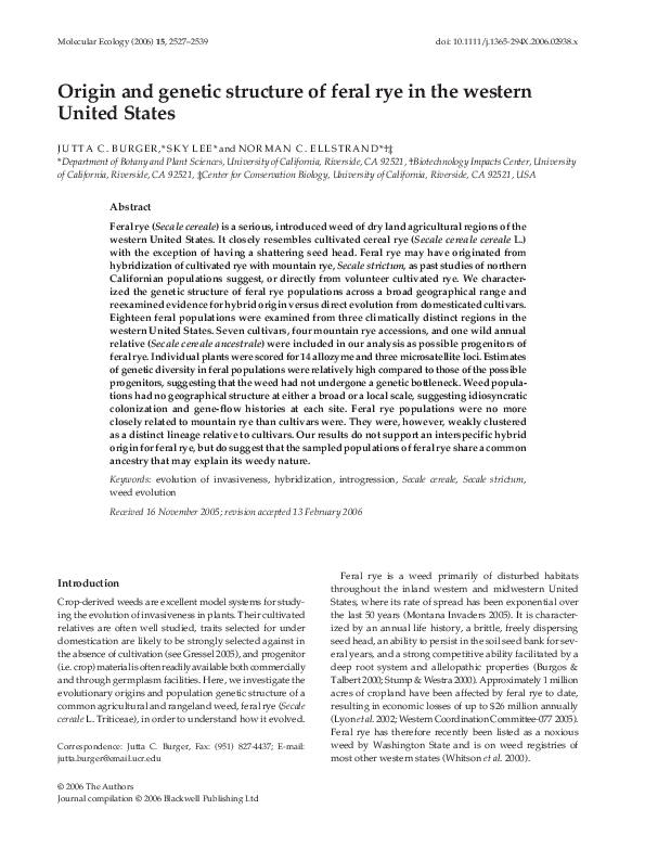 (PDF) Origin and genetic structure of feral rye in the western United ...