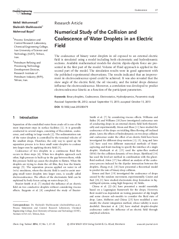 (PDF) Numerical Study of the Collision and Coalescence of Water ...