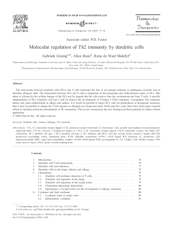 (PDF) Molecular regulation of Th2 immunity by dendritic cells