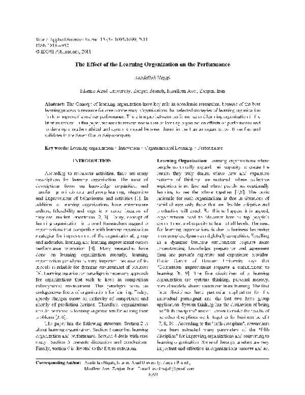 (PDF) The Effect of the Learning Organization on the Performance