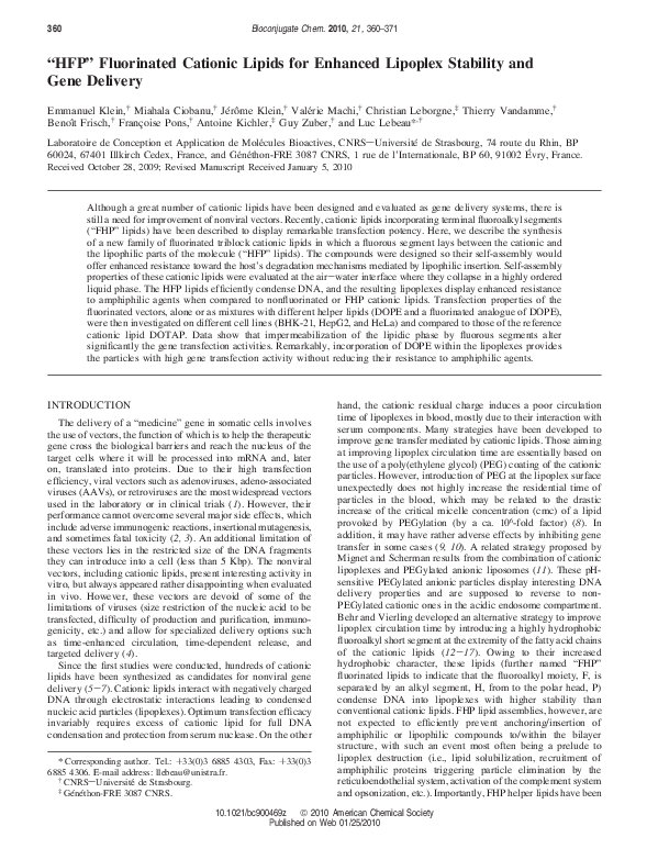 (PDF) “HFP” Fluorinated Cationic Lipids for Enhanced Lipoplex Stability ...