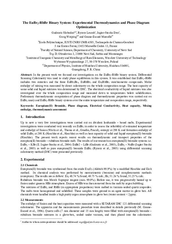 (PDF) The EuBr 2 -RbBr Binary System: Experimental Thermodynamics and ...