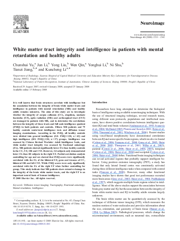 (PDF) White matter tract integrity and intelligence in patients with ...