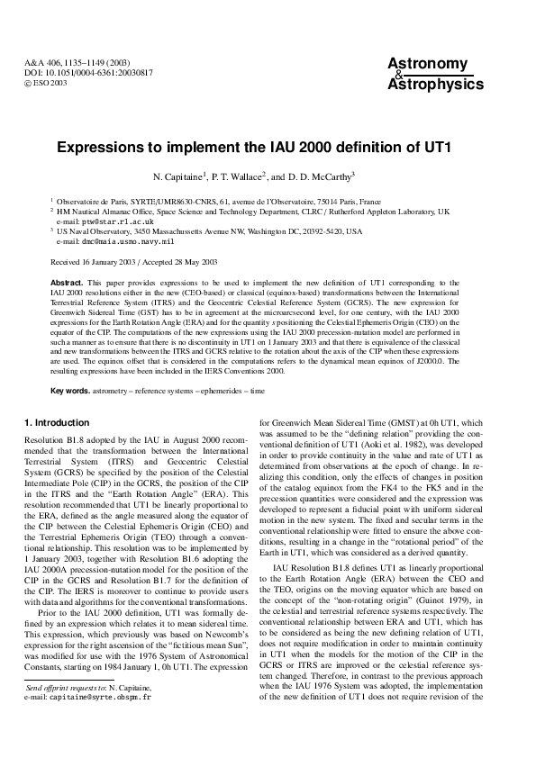 (PDF) Expressions to implement the IAU 2000 definition of UT1