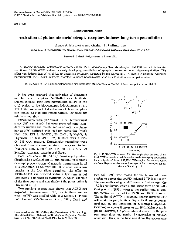 (PDF) Activation of glutamate metabotropic receptors induces long-term ...