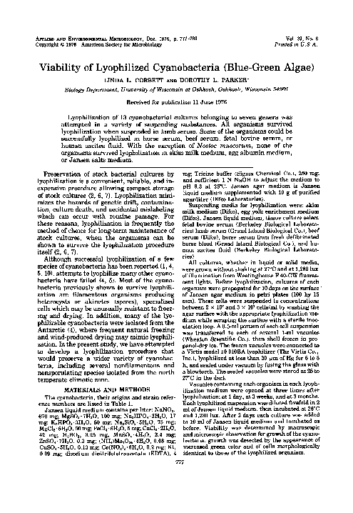 (PDF) Viability of lyophilized cyanobacteria (blue green algae)
