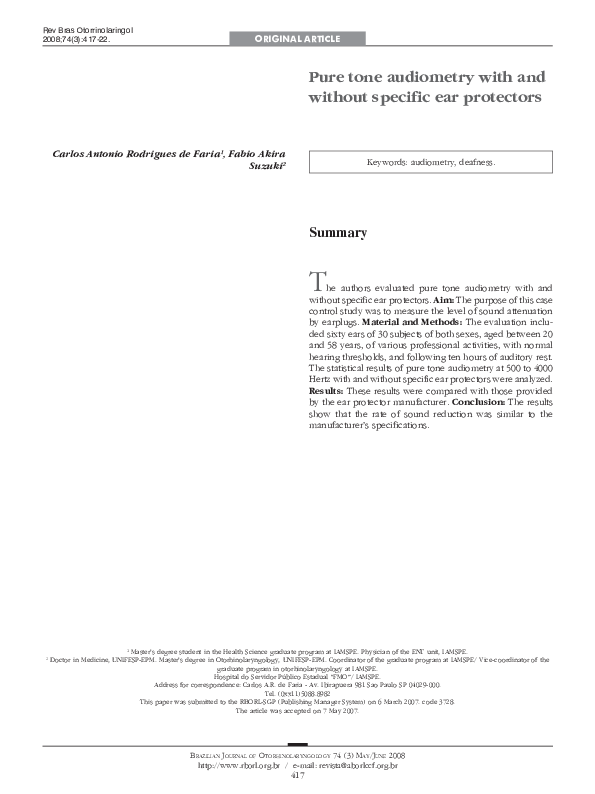 (PDF) Pure tone audiometry with and without specific ear protectors