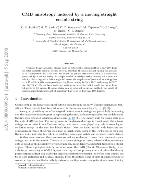 (PDF) CMB Anisotropy Induced by a Moving Straight Cosmic String