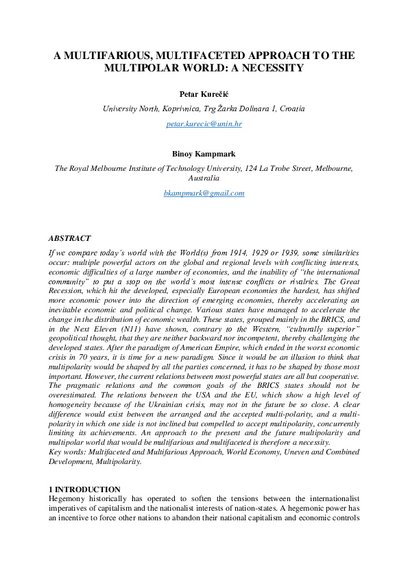 (PDF) A MULTIFARIOUS, MULTIFACETED APPROACH TO THE MULTIPOLAR WORLD: A ...