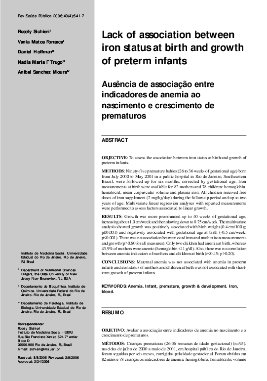 (PDF) Lack of association between iron status at birth and growth of ...