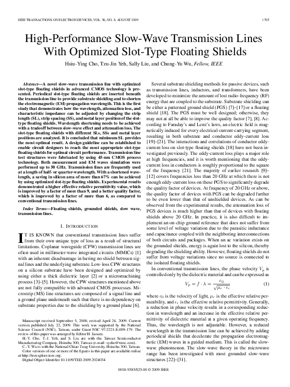 (PDF) HighPerformance SlowWave Transmission Lines With Optimized SlotType Floating Shields
