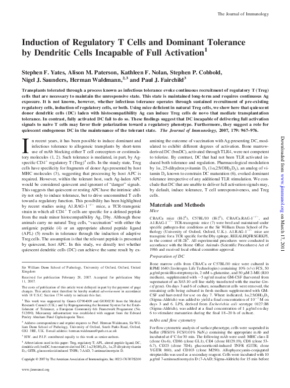 (PDF) Induction of Regulatory T Cells and Dominant Tolerance by ...