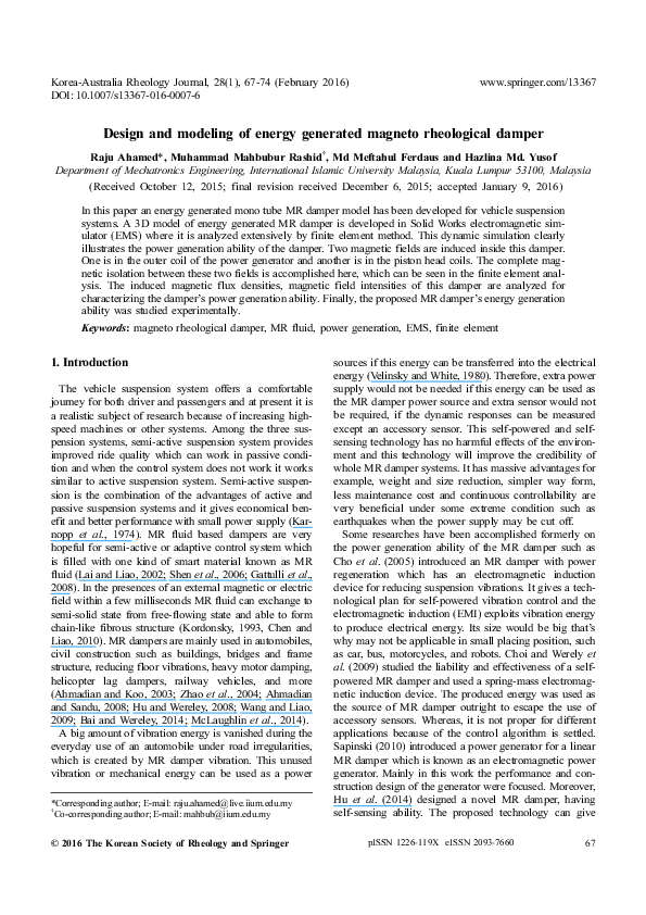 (PDF) Design and modeling of energy generated magneto rheological damper