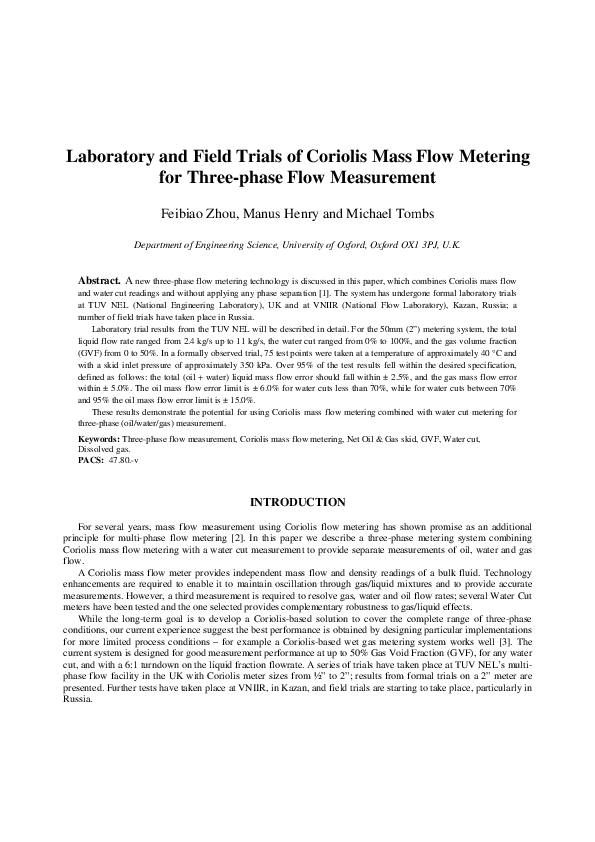 (PDF) Laboratory and field trials of Coriolis mass flow metering for