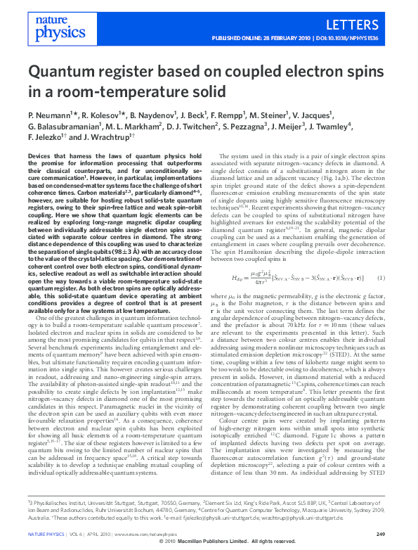 (PDF) Quantum register based on coupled electron spins in a room ...