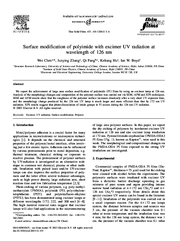 (PDF) Surface modification of polyimide with excimer UV radiation at ...