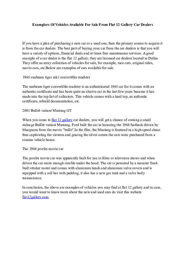 Doc Examplers Of Vehicles Available For Sale From Flat 12 Gallery Car Dealers Bajuminah Bajuminah Academia Edu