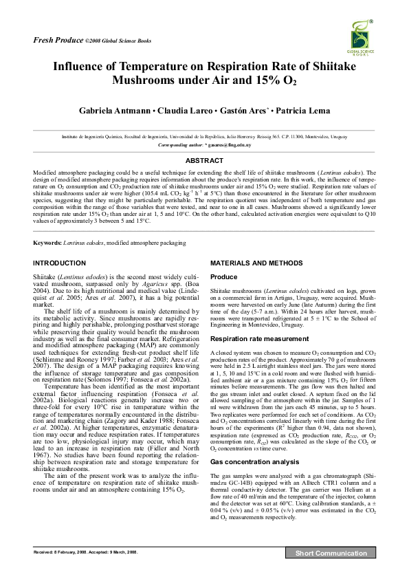(PDF) Influence of Temperature on Respiration Rate of Shiitake
