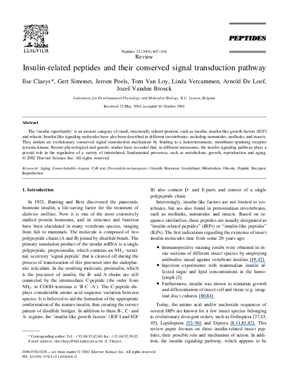 (PDF) Insulin-related peptides and their conserved signal transduction ...