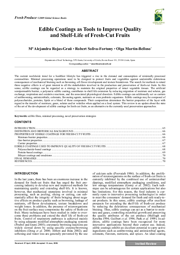 (PDF) Edible Coatings as Tools to Improve Quality and ShelfLife of FreshCut Fruits Global