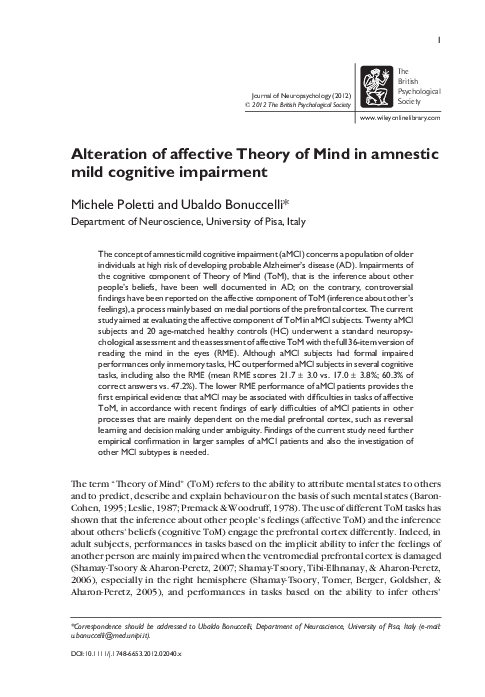 (PDF) Alteration of affective Theory of Mind in amnestic mild cognitive ...