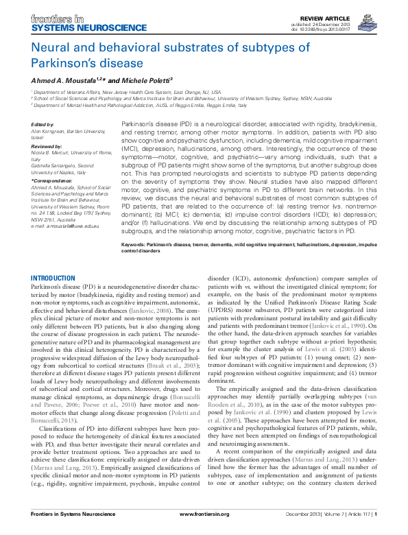 (PDF) Neural and behavioral substrates of subtypes of Parkinson’s disease