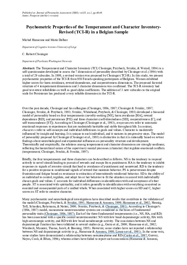 (PDF) Psychometric properties of the Temperament and Character ...