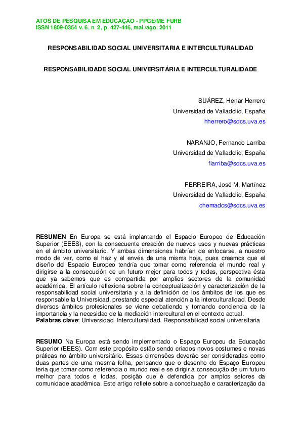 Pdf Responsabilidad Social Universitaria E Interculturalidad