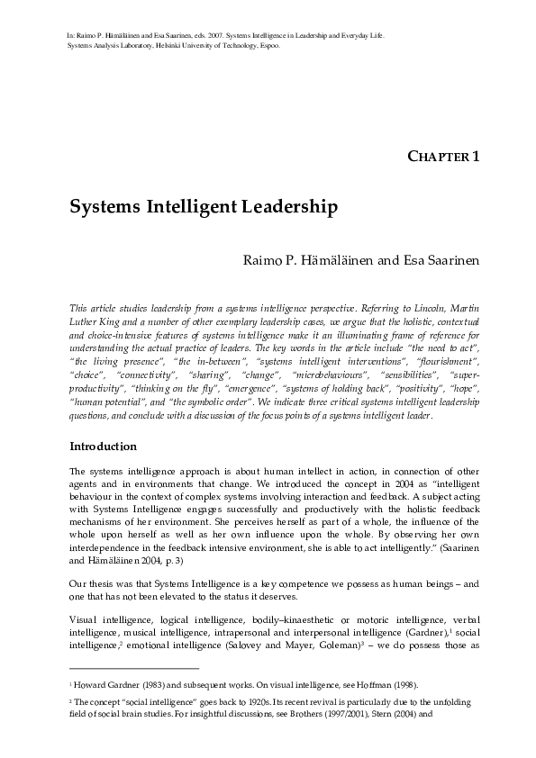 (PDF) Systems Intelligent Leadership Esa Saarinen Academia.edu