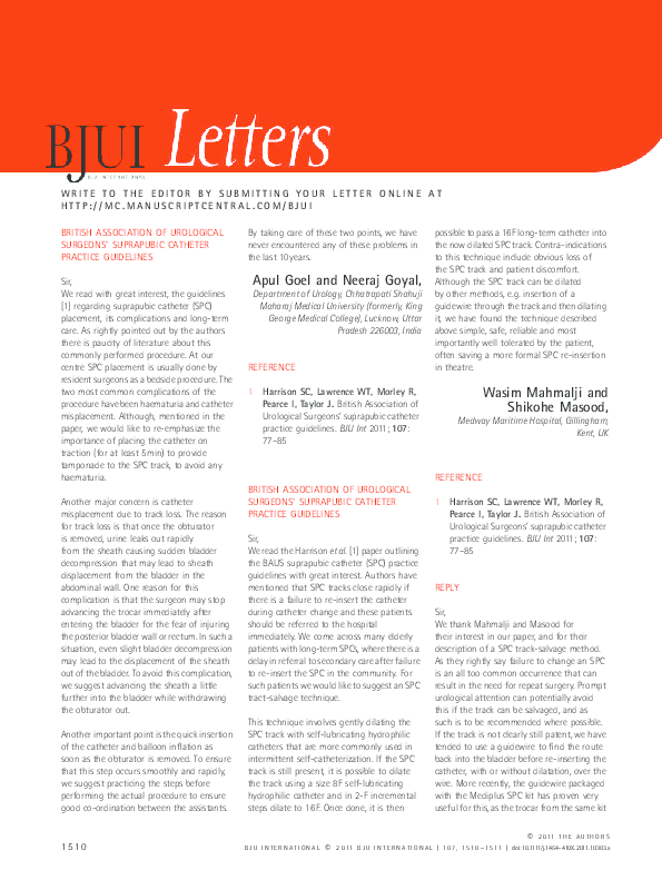 (PDF) British Association of Urological Surgeons’ suprapubic catheter