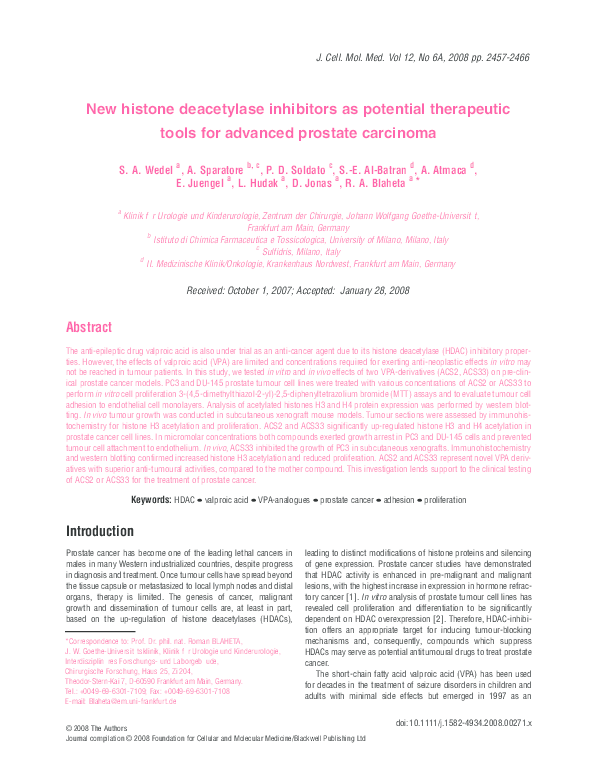(PDF) New histone deacetylase inhibitors as potential therapeutic tools ...