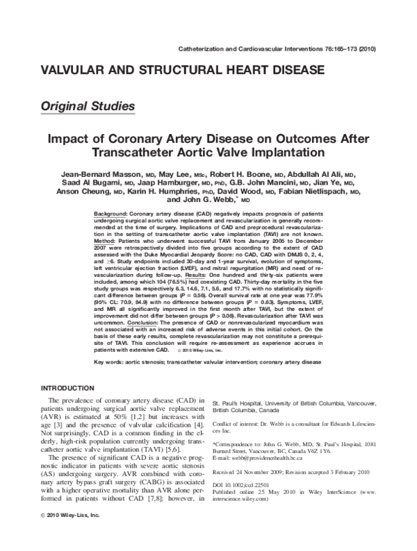 (PDF) Impact of coronary artery disease on outcomes after transcatheter ...