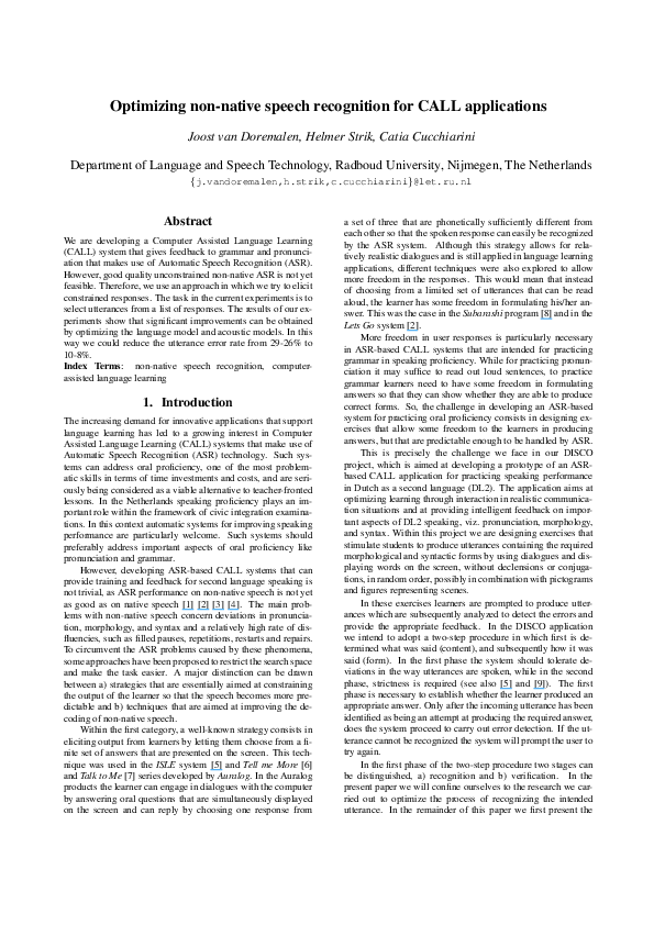 (PDF) Optimizing non-native speech recognition for CALL applications