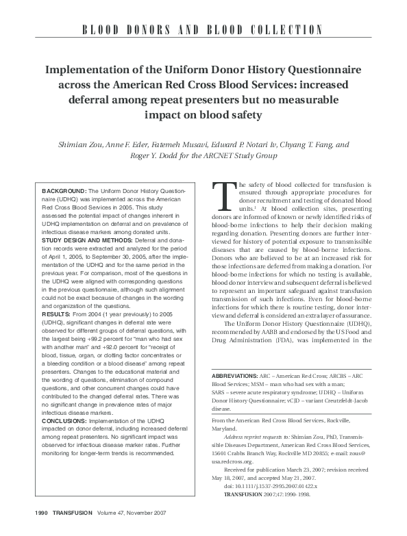 (PDF) Implementation of the Uniform Donor History Questionnaire across