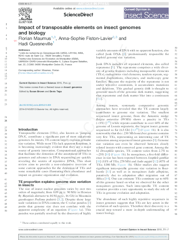 (PDF) Impact of transposable elements on insect genomes and biology