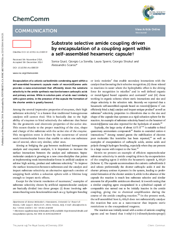 (PDF) Substrate selective amide coupling driven by encapsulation of a