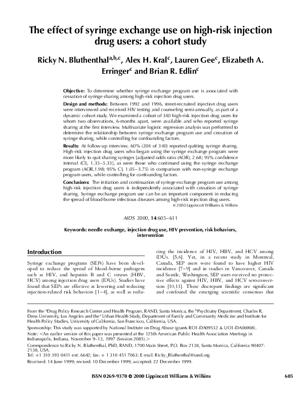(PDF) The effect of syringe exchange use on highrisk injection drug
