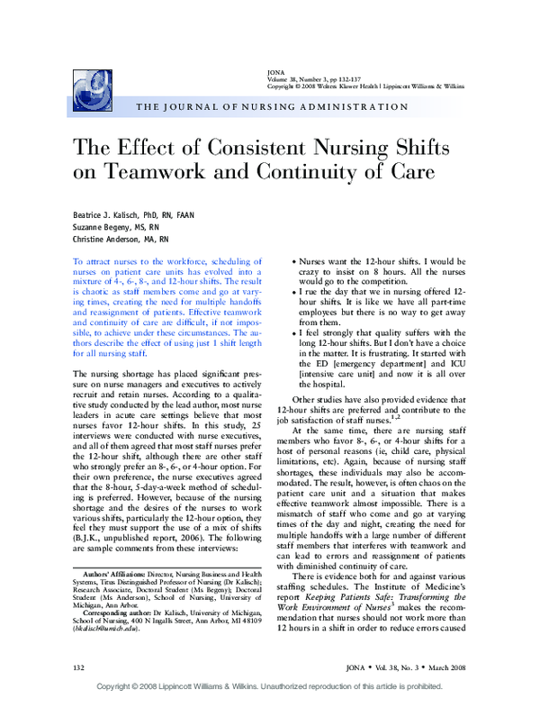 (PDF) The Effect of Consistent Nursing Shifts on Teamwork and ...